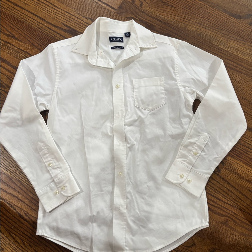 Chaps Boys Solid White Cotton Long Sleeve Button Up Dress Shirt Sz M 10-12